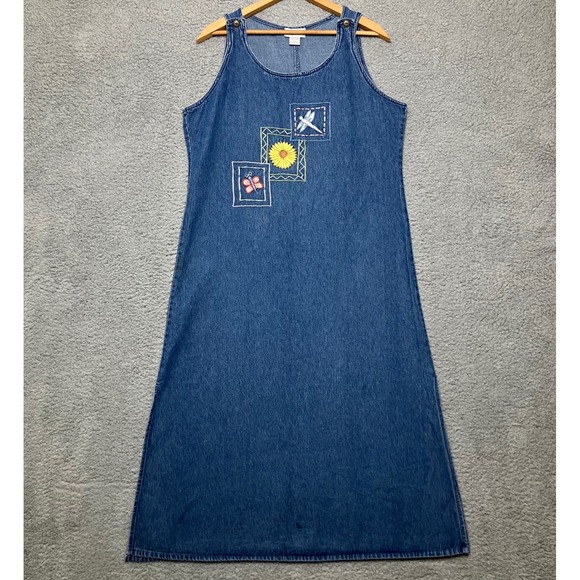 Comfort Corner Dresses & Skirts - VTG Comfort Corner Maxi Jumper Dress Women S Blue Denim Embroidery Lagenlook 90s
